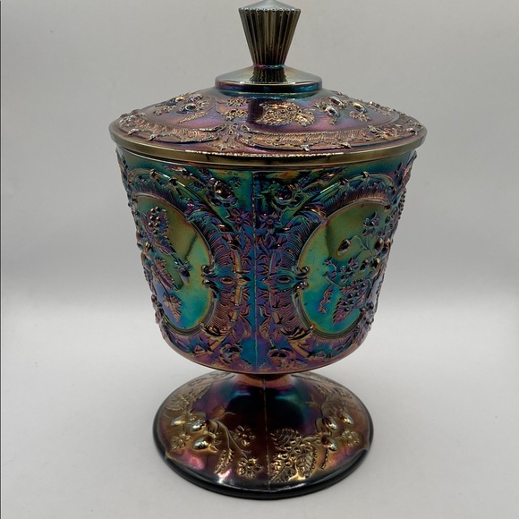 Vintage Fenton Carnival Glass Wild Strawberry Candy Compote With Lid - Picture 2 of 11